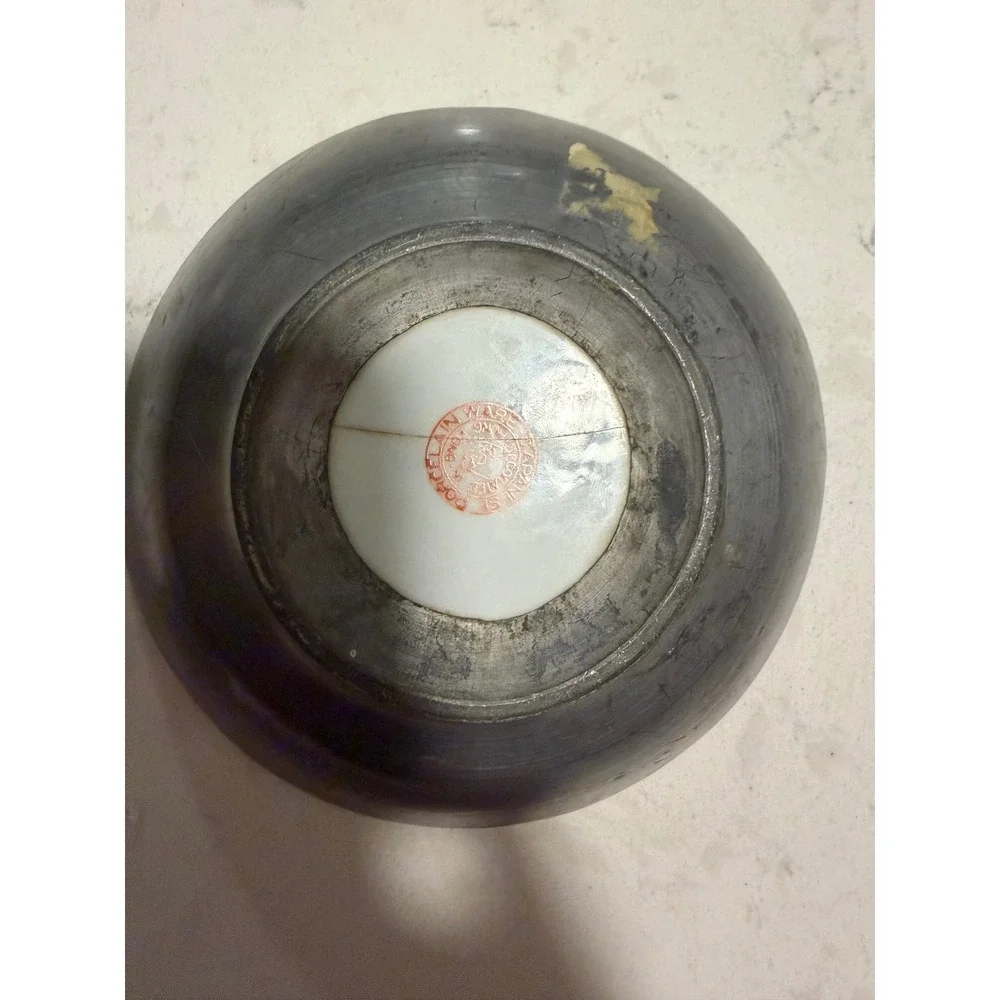 Vintage ACF Japanese Porcelain Ware Pewter Encased Bowl Hong Kong Floral  6